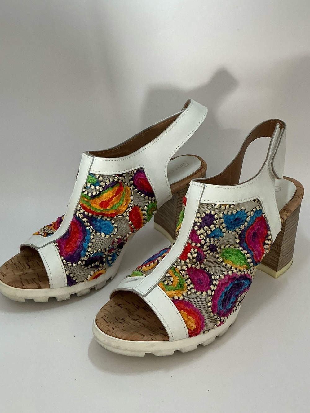 Unity in Diversity Multicolor Embroidered Cork Heel Sandals Size EU 38/ US 7.5-8